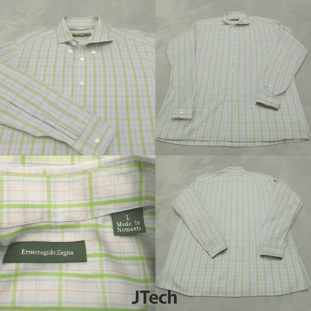 Ermenegildo Zegna Dress Shirt Men Large Green Plaid Long Sleeve Button Down